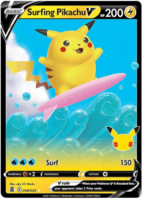 008/025 Surfing Pikachu V Holo Rare V - Pokemon Celebrations - Volution Cards and Collectables