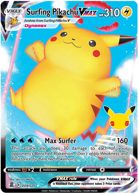 009/025 Surfing Pikachu VMAX Holo Rare VMAX - Pokemon Celebrations - Volution Cards and Collectables